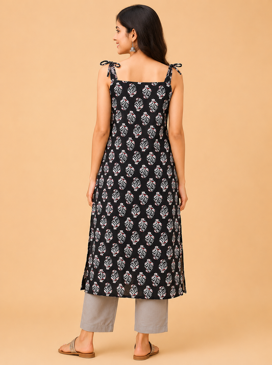 Black Buti Print Sleeveless Kurti