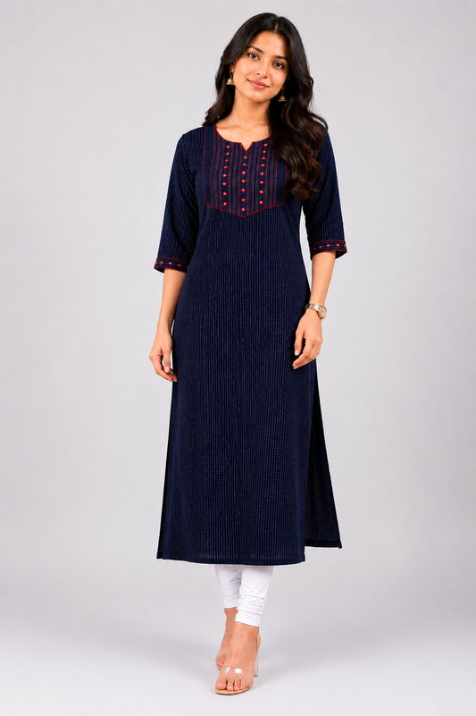 Women's Navy Blue Sequin Straight Kurti