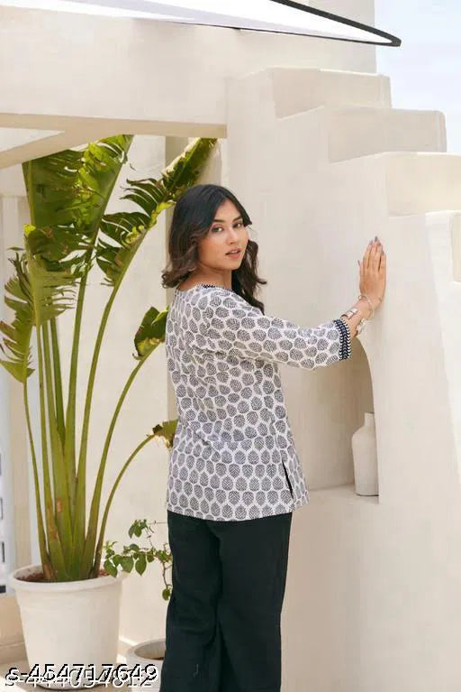 White Multicolor hand block print cotton kurti for Women