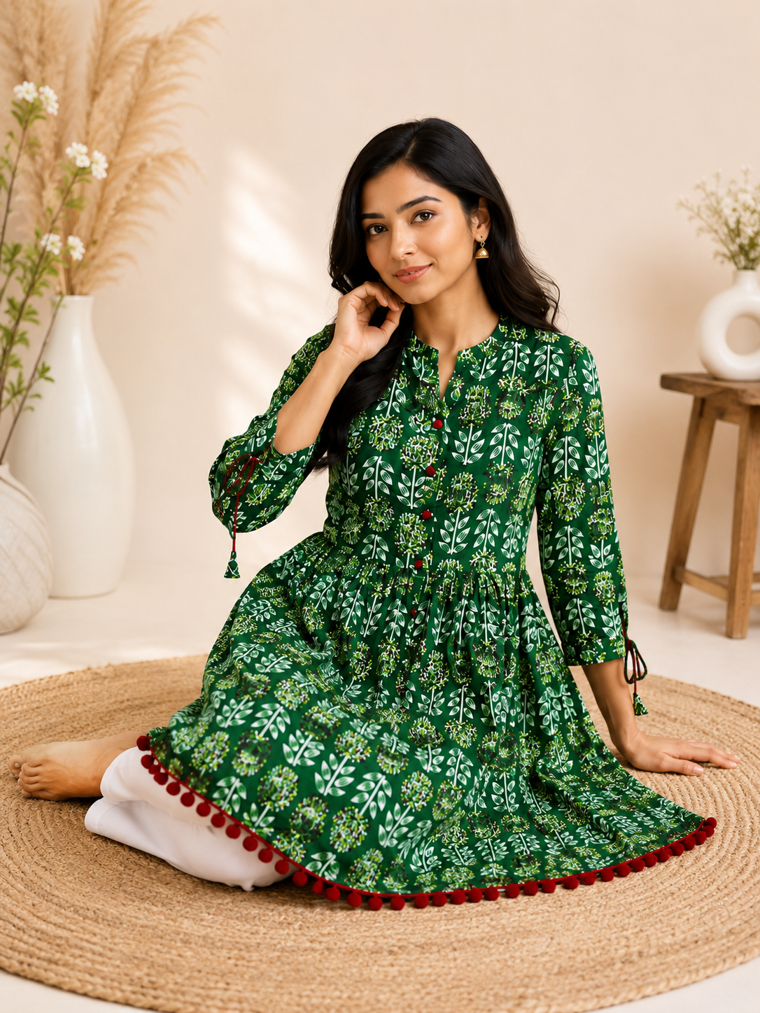 Green Pom Pom Short Kurti