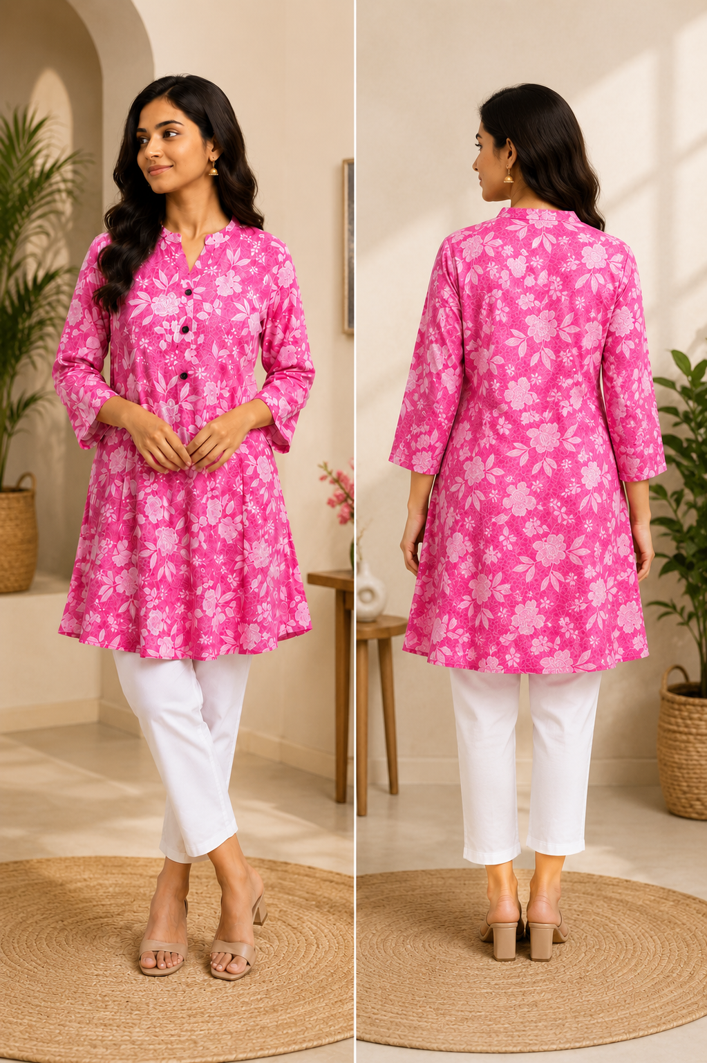 Pink Floral Short Kurti