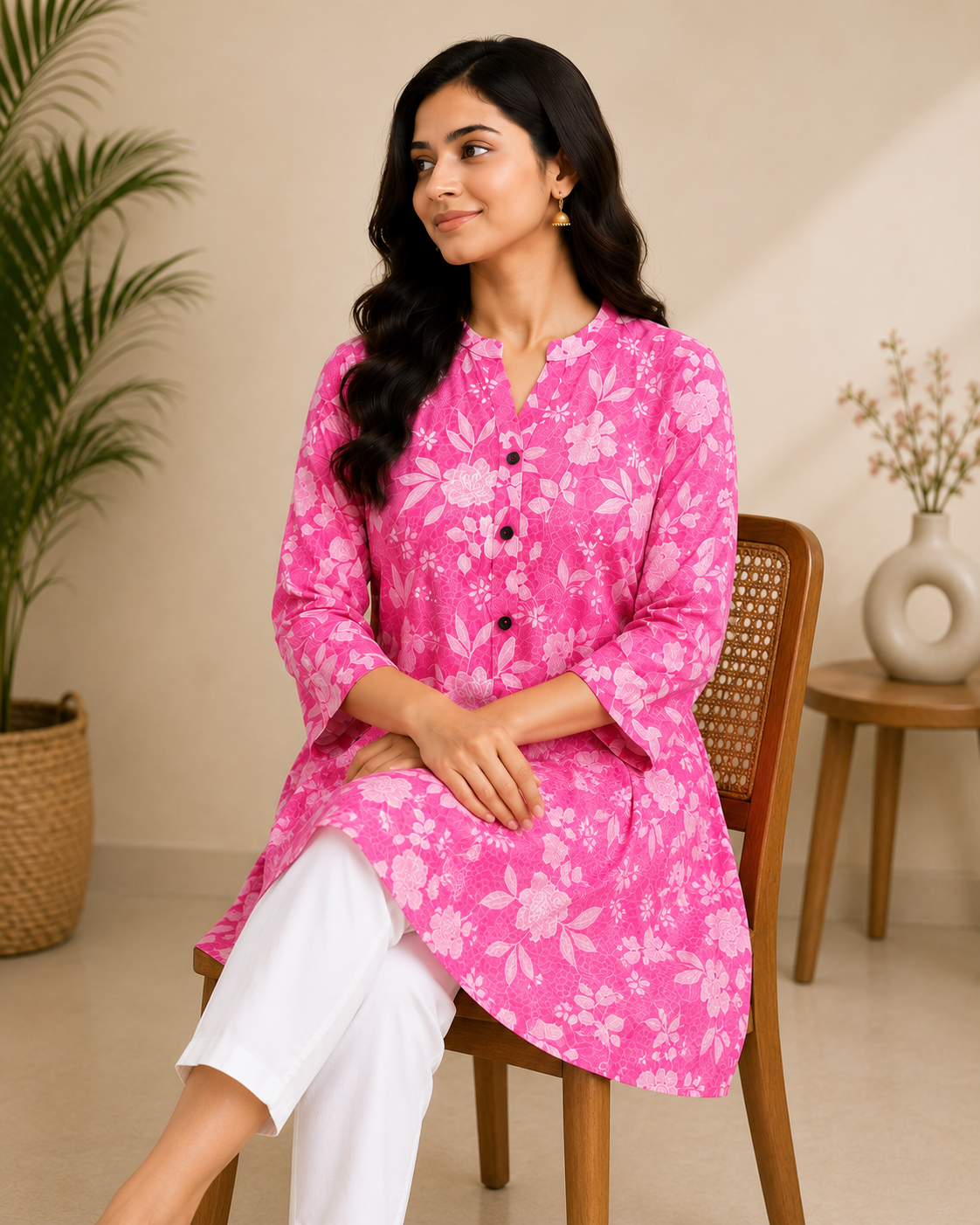 Pink Floral Short Kurti