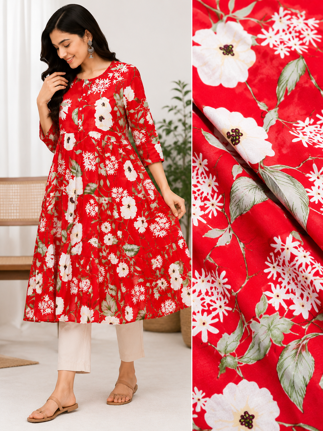 Red Floral Anarkali Kurti