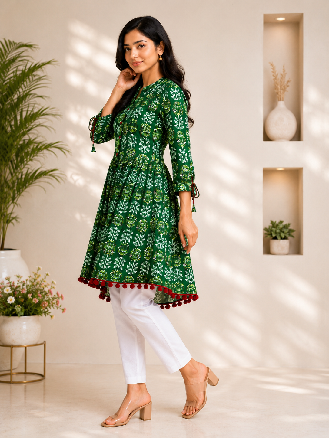 Green Pom Pom Short Kurti