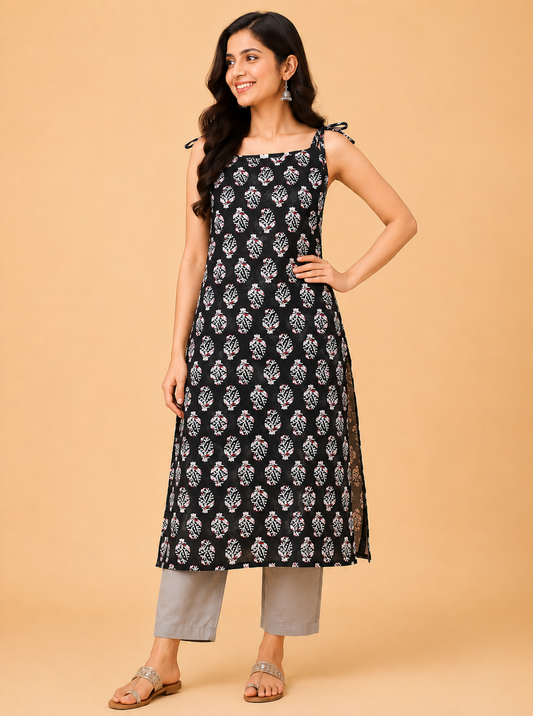 Black Buti Print Sleeveless Kurti