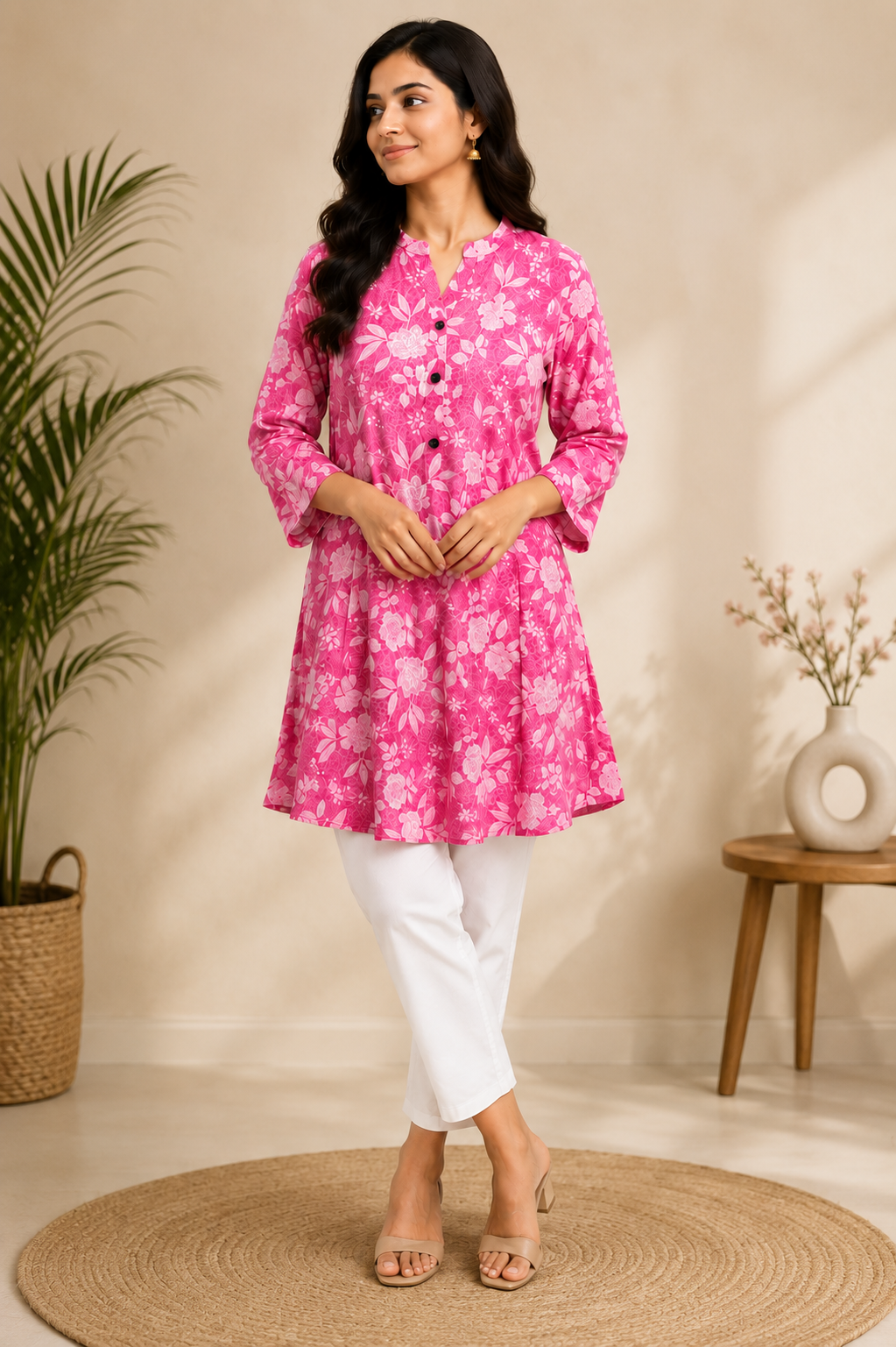 Pink Floral Short Kurti