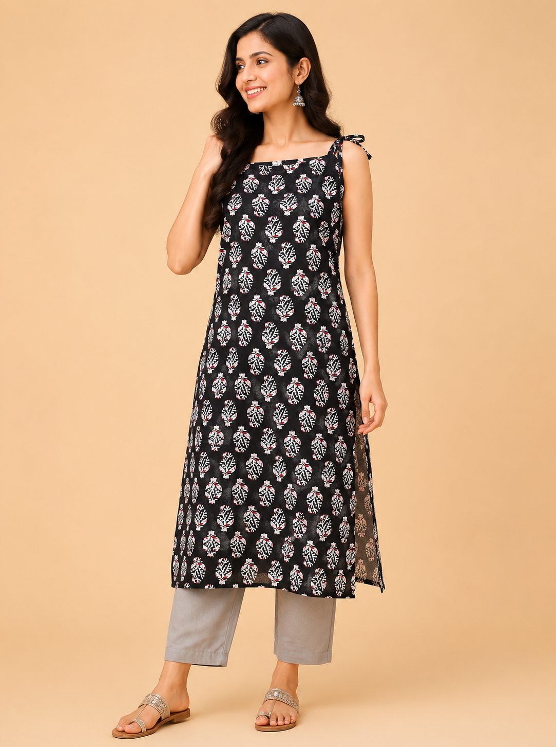 Black Buti Print Sleeveless Kurti