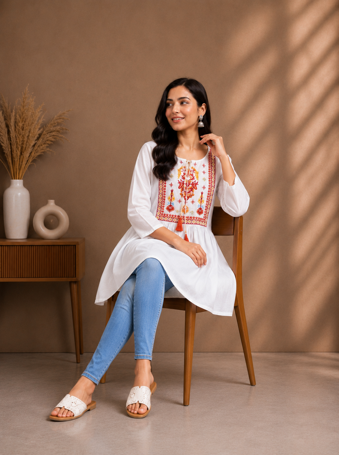 White Embroidered Kurti Top