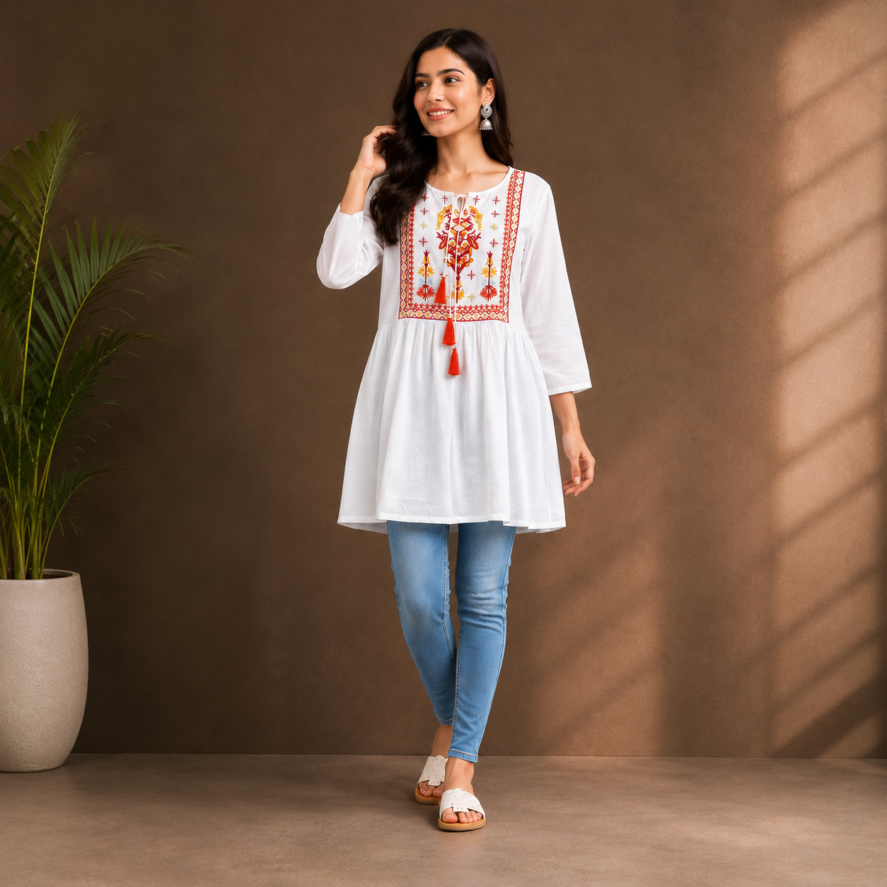 White Embroidered Kurti Top