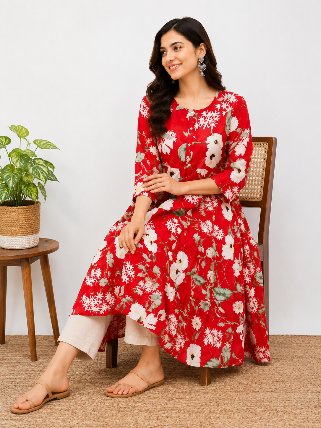 Red Floral Anarkali Kurti