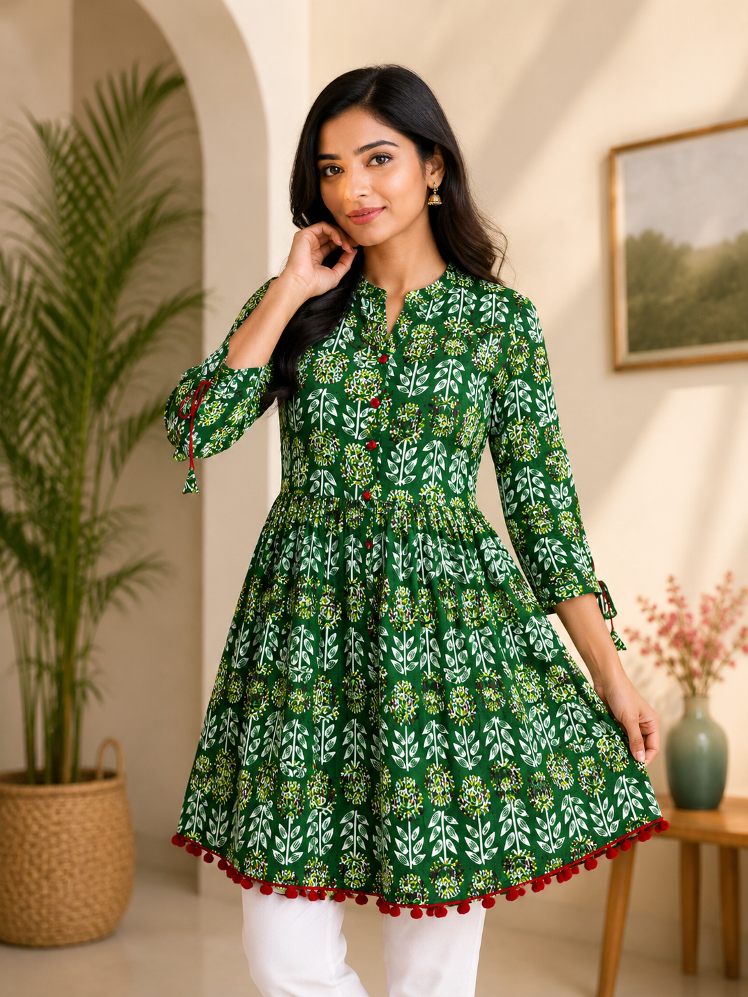 Green Pom Pom Short Kurti