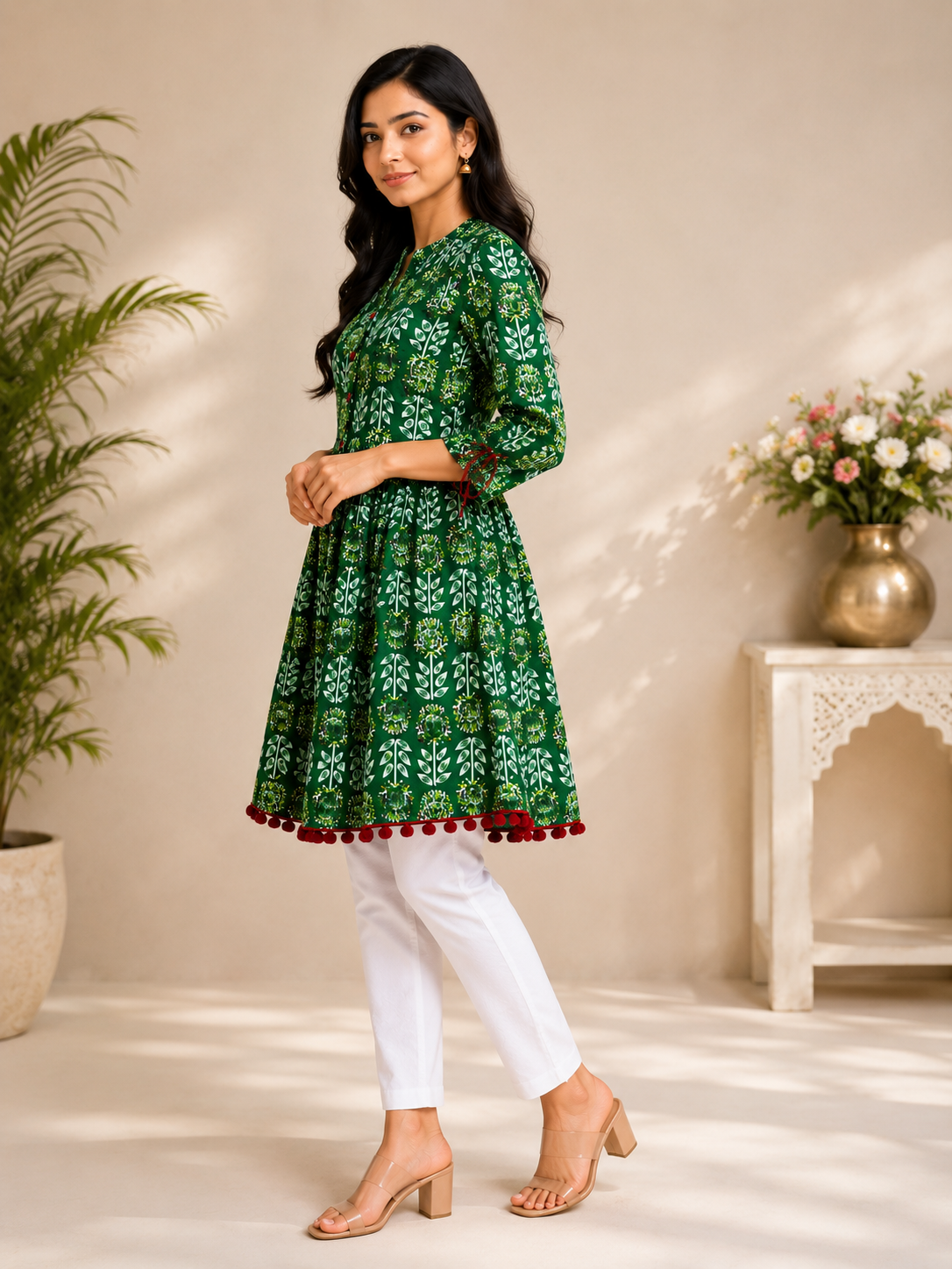 Green Pom Pom Short Kurti