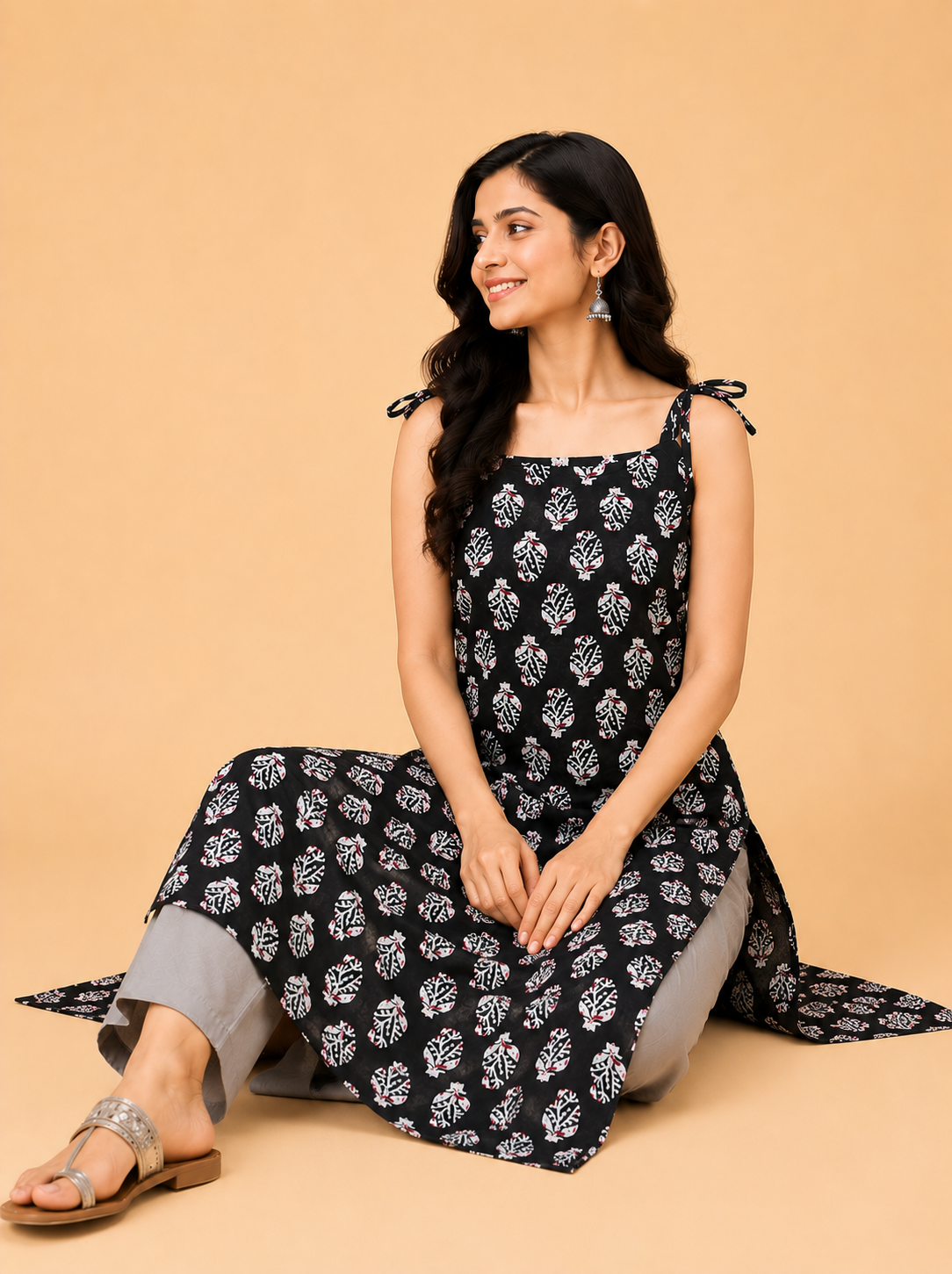 Black Buti Print Sleeveless Kurti