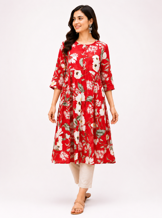 Red Floral Anarkali Kurti