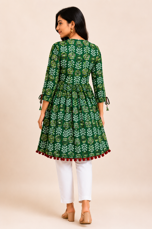 Green Pom Pom Short Kurti