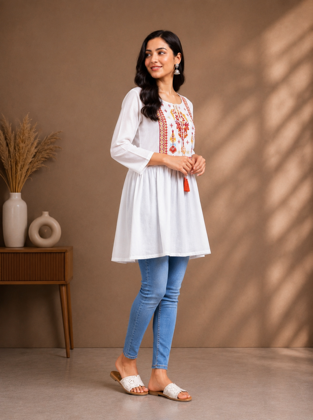 White Embroidered Kurti Top