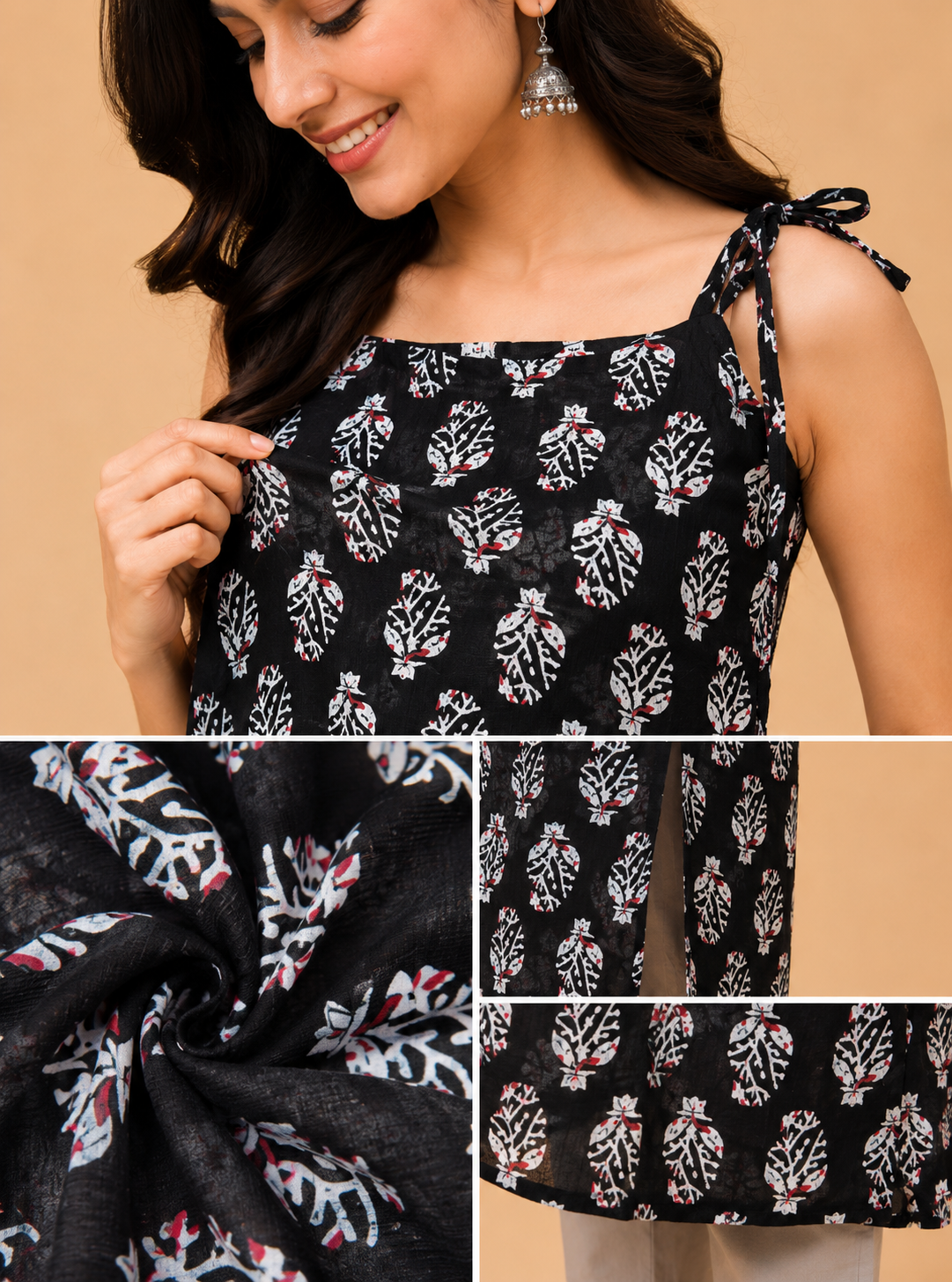 Black Buti Print Sleeveless Kurti