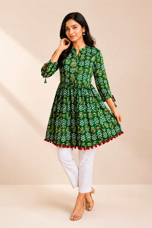 Green Pom Pom Short Kurti