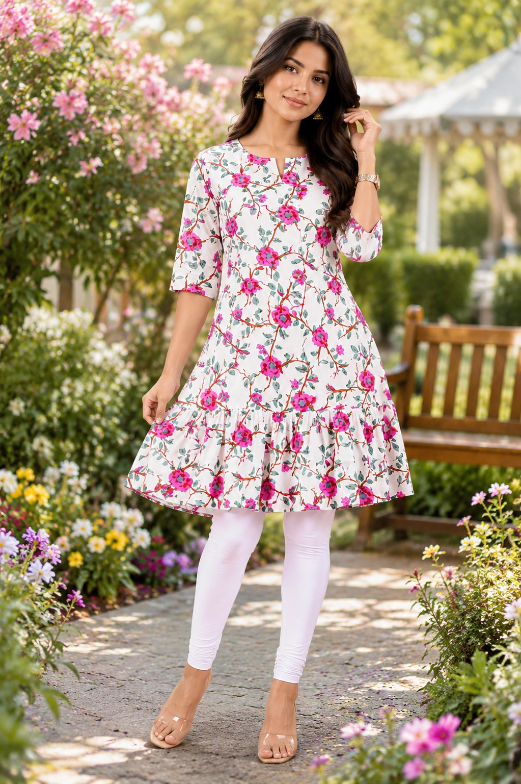 Women's White Floral Tiered Short Kurti