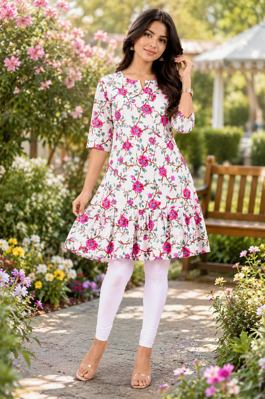 Women's White Floral Tiered Short Kurti