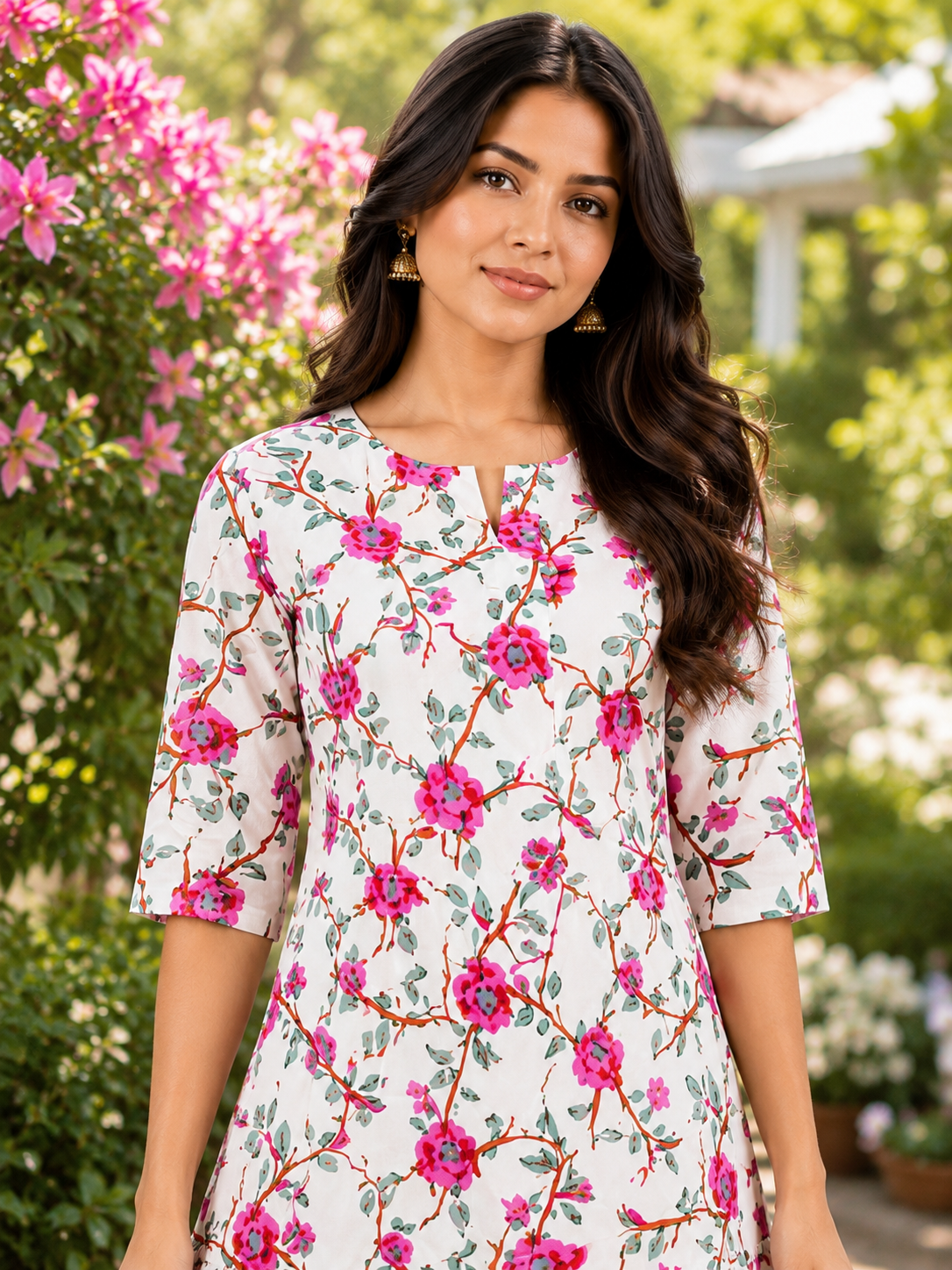 Women's White Floral Tiered Short Kurti