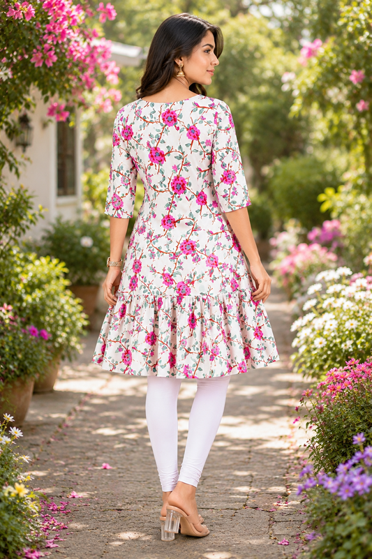Women's White Floral Tiered Short Kurti