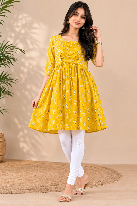 Yellow Printed Flair Short Kurti Stylish Women's Floral Printed Top